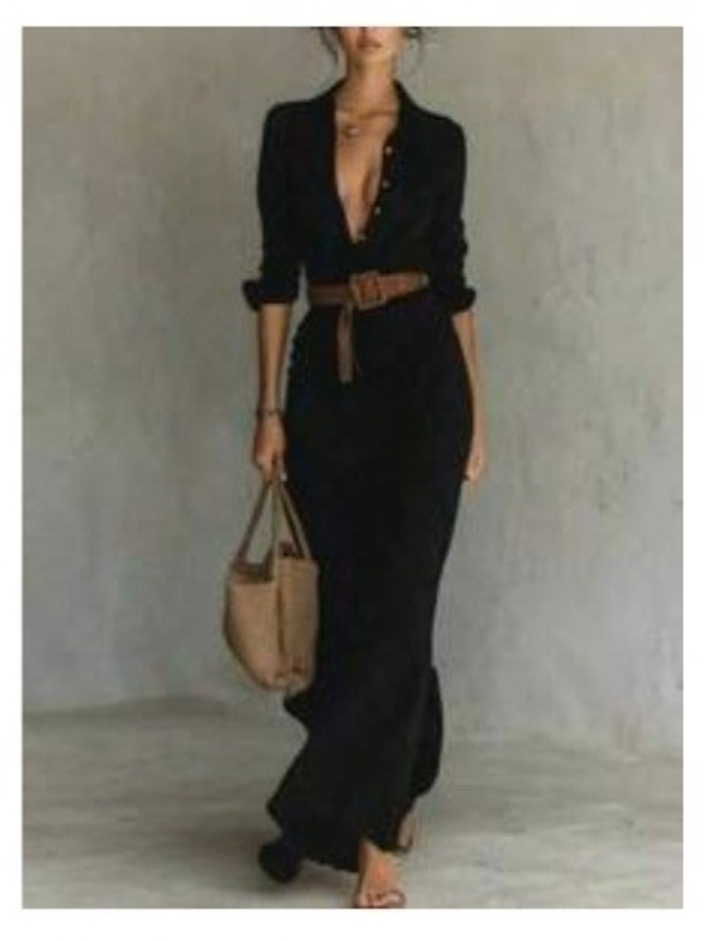 Women’s Black Button-Front Maxi Dress with Brown Belt